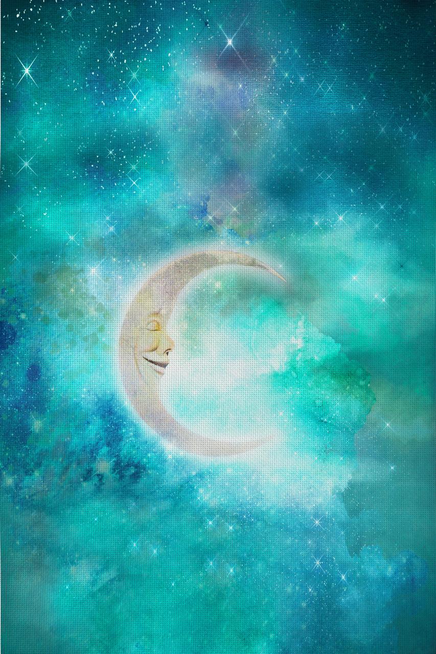 Aqua Sleeping Moon Patterned Cross Stitch Fabric