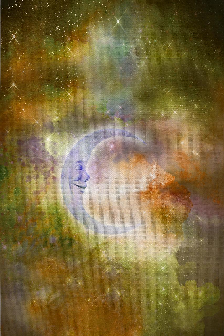 Green Orange & Lilac Sleeping Moon Patterned Cross Stitch Fabric
