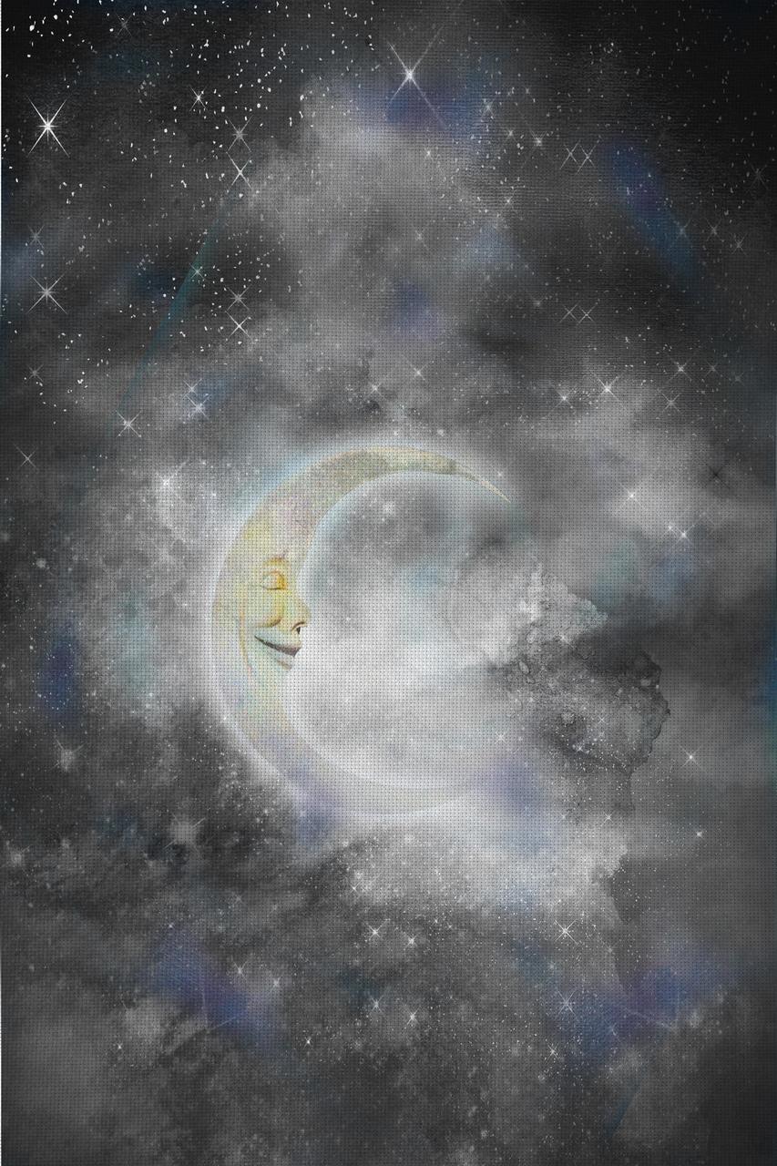 Grey Sleeping Moon Patterned Cross Stitch Fabric