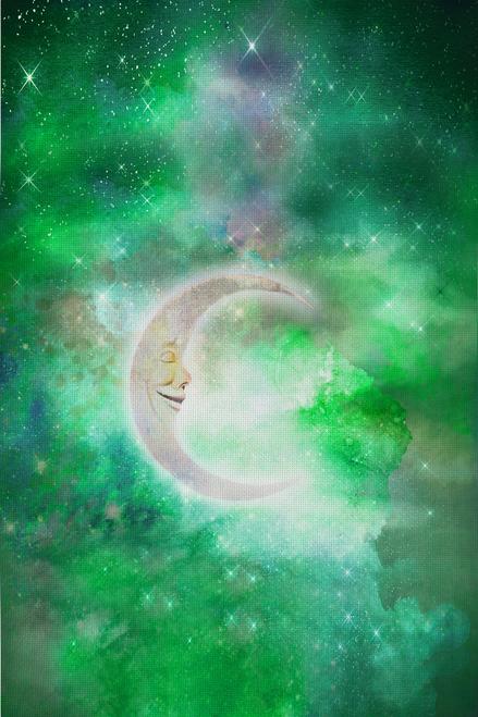 Green Sleeping Moon Patterned Cross Stitch Fabric